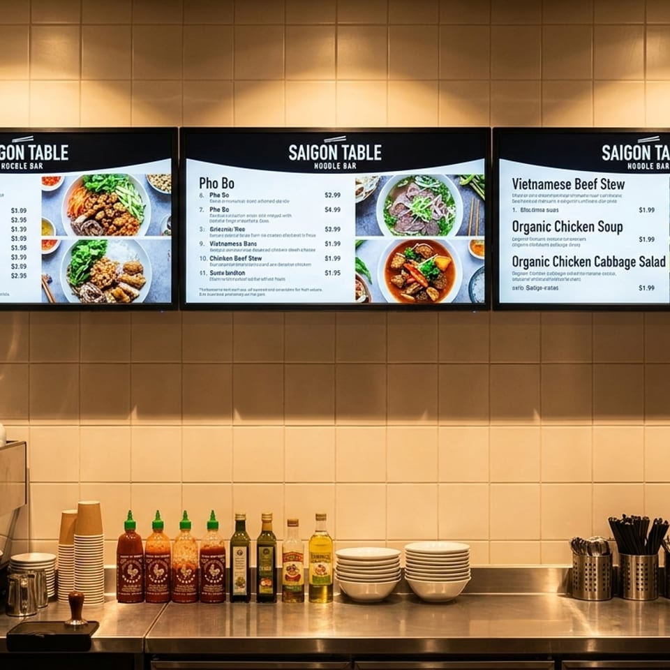 Saigon Table restaurant counter with Vietnamese menu screens, espresso machine, condiments, bowls, utensils, and tiled walls.