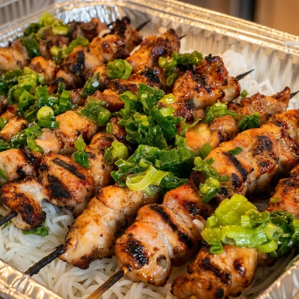Grilled chicken skewers topped with chopped green onions and peppers over white rice noodles in foil trays.