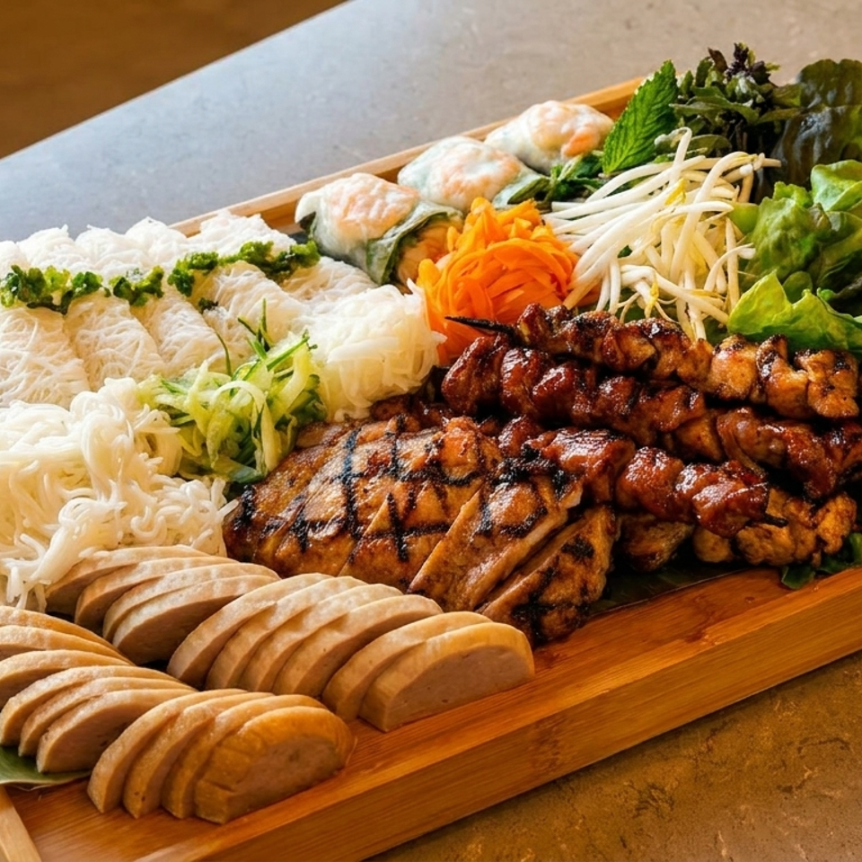 Vietnamese platter with grilled meats, rice noodles, spring rolls, vegetables, sliced sausage, and dipping sauce on a wooden tray.