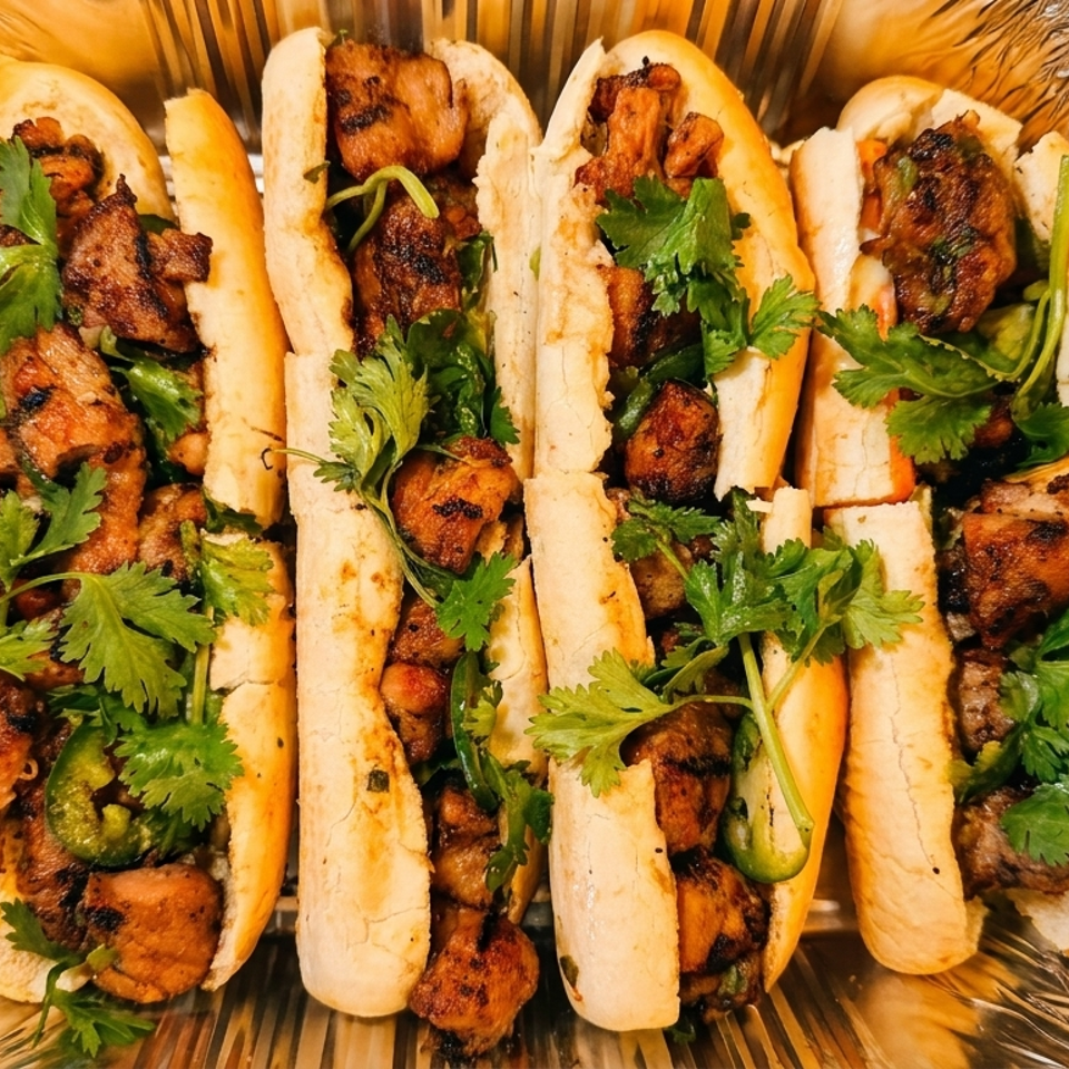 Four stuffed sandwiches with grilled chicken, fresh cilantro, and sliced green peppers arranged in a foil tray.