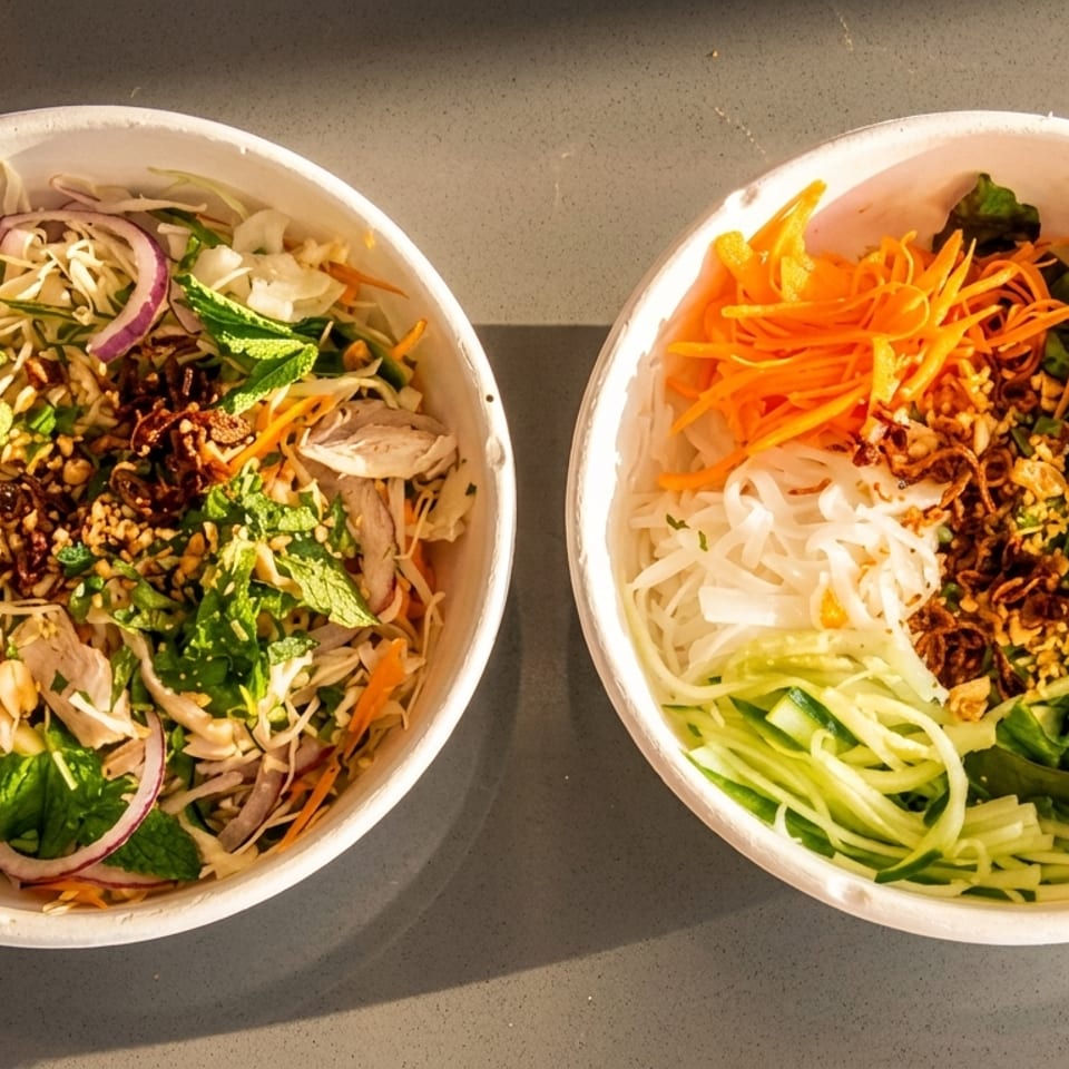 Two bowls of Vietnamese-inspired noodle salads with lettuce, carrots, cucumber, herbs, onions, peanuts, and crispy toppings.
