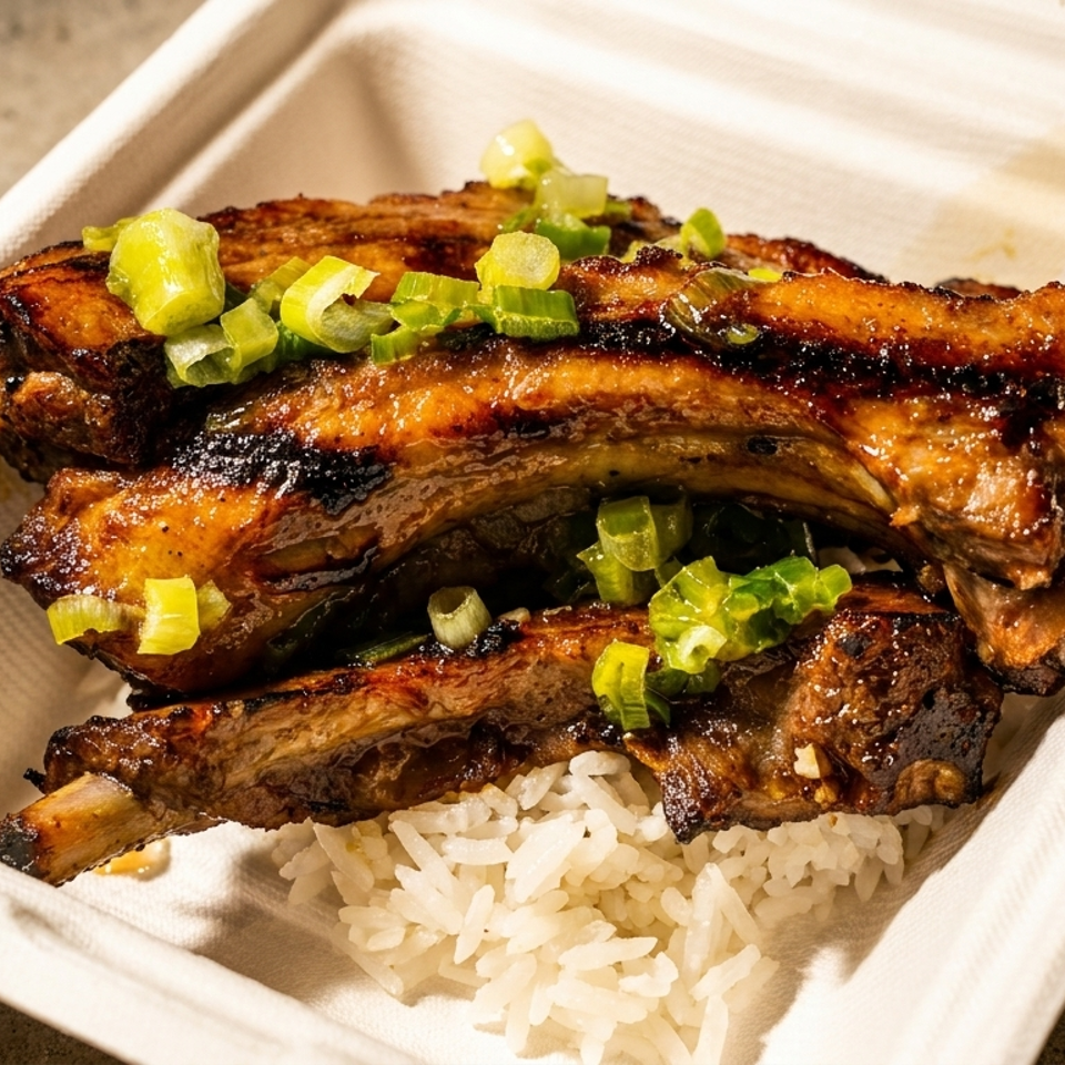 Glazed grilled ribs topped with chopped green onions, served over white rice in a compostable takeout container.