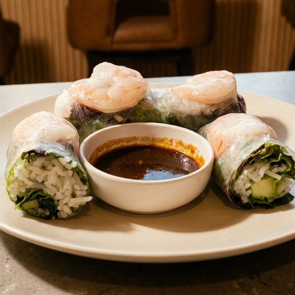 Four shrimp spring rolls with lettuce and rice noodles surround a bowl of dipping sauce on a plate.