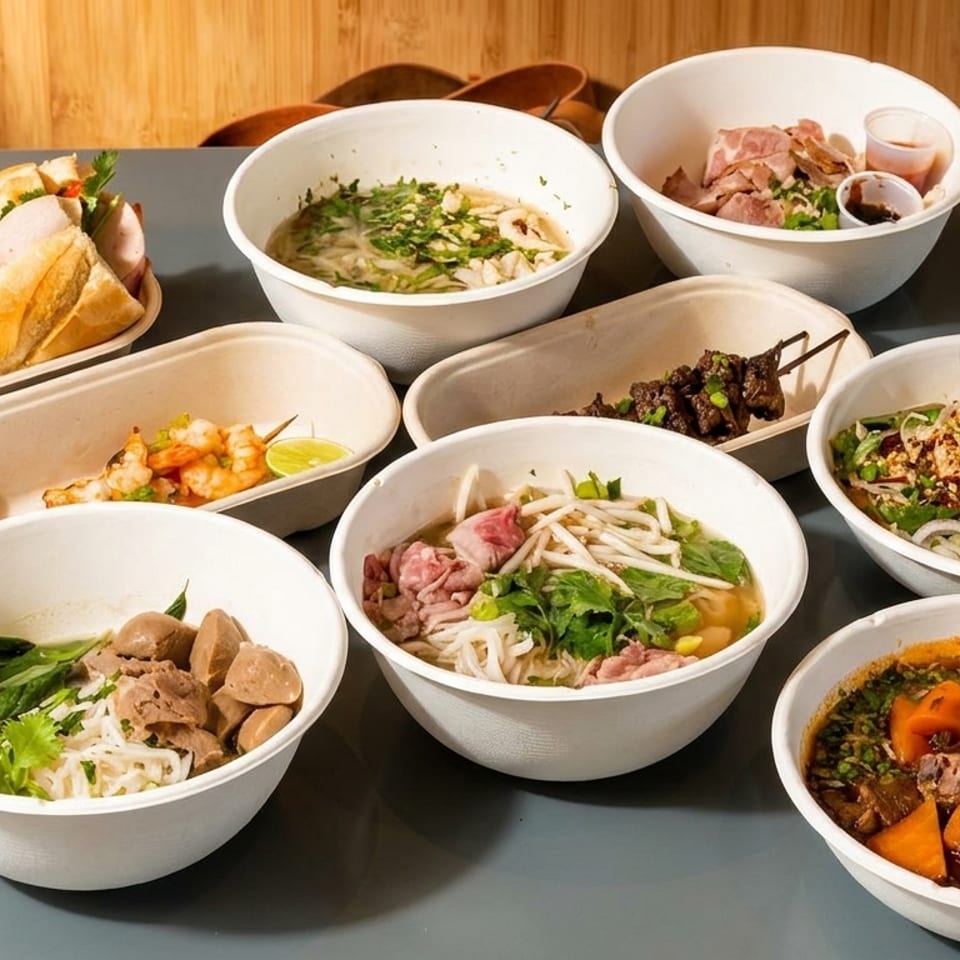 Assortment of Vietnamese dishes, including pho, bánh mì, vermicelli bowls, grilled skewers, shrimp, and braised meat on a restaurant table.