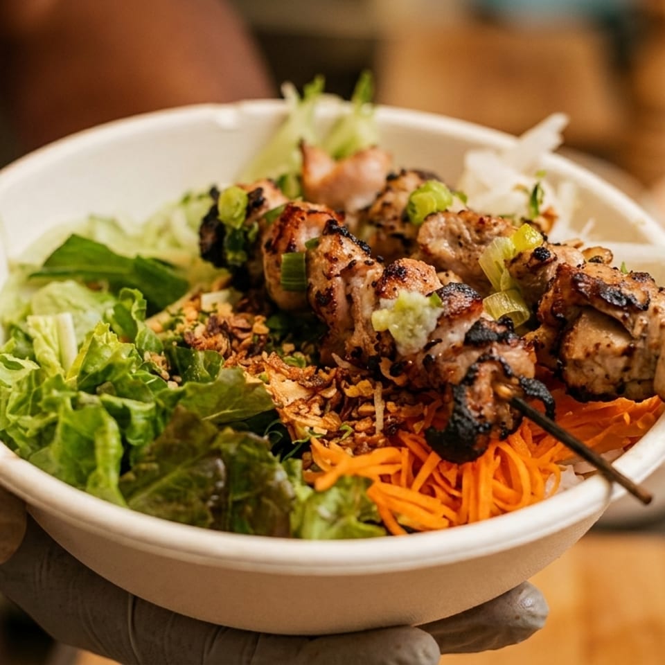 Bowl of grilled chicken skewers served over lettuce, shredded carrots, rice, herbs, and crispy toppings.
