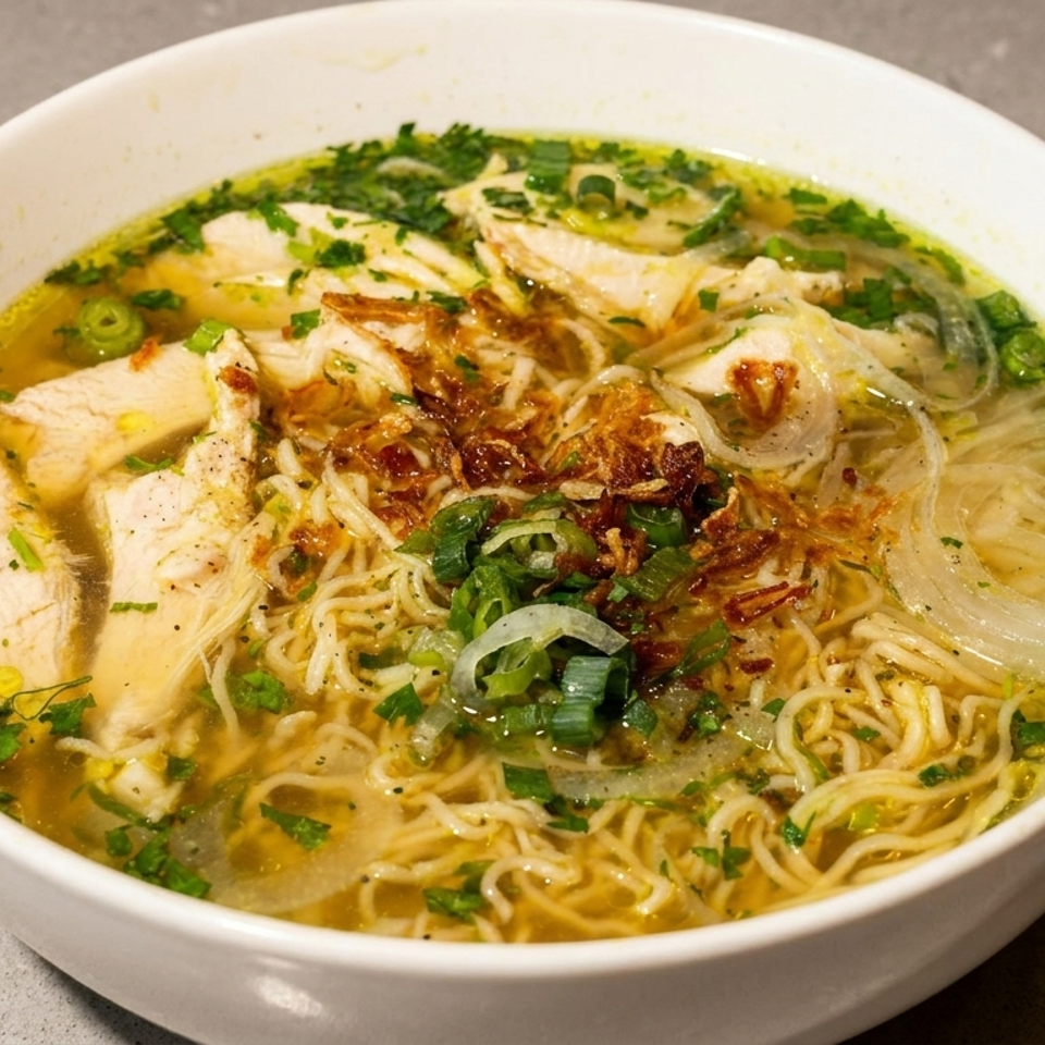 Bowl of chicken noodle soup in golden broth, topped with herbs, sliced onions, scallions, and crispy fried onions.