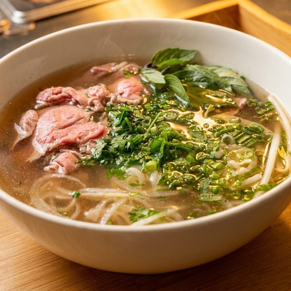 Bowl of Vietnamese pho with sliced rare beef, rice noodles, bean sprouts, fresh herbs, and green onions on a wooden counter.